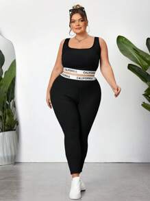 SHEIN CURVE+ Women's Plus Size Black Knitted Sporty Crop Top And Skinny Leggings Two Pieces Set