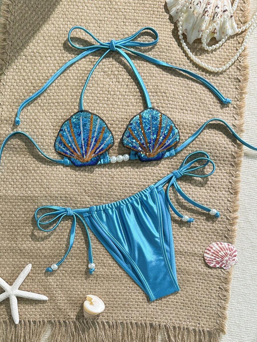 Swim Vcay Bộ đồ bơi 2 mảnh gợi cảm cho nữ, trang trí cúp ngực và vỏ sò, vải bóng, bộ bikini tam giác buộc dây màu trơn - Màu xanh lam - Xem 1