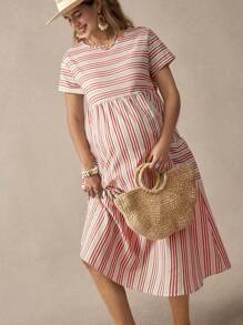SHEIN Boho Maternity Patch Pocket Striped Dress - Red - View 5