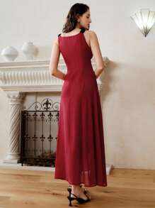 SHEIN LUNE Women's Chiffon Splicing Waist Gathering Color-Blocking Midi Elegant Dress - Burgundy - View 3