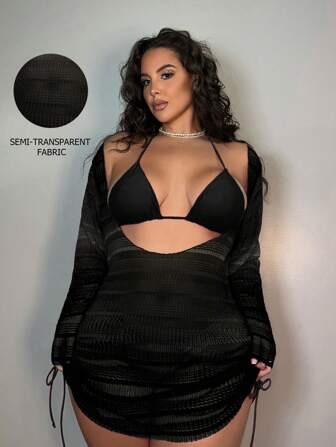 Swim SXY 大码女式长袖低胸蕾丝钩编罩衫连衣裙