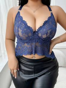 SHEIN 1pc Plus Size Lace Underwire Lingerie Bra - Navy Blue - View 2