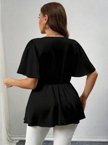 SHEIN Unity 大码纯色短袖 V 领衬衫，简约时尚，适合夏季 - 黑色 - 查看 2