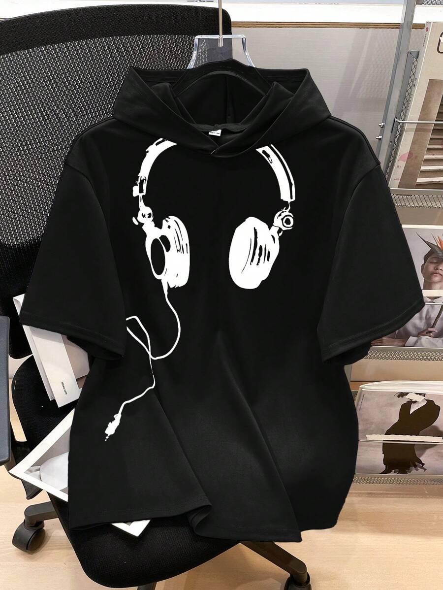 SHEIN 青少年男孩休闲连帽短袖游戏玩家印花 T 恤，夏季 - 黑色 - 查看 1