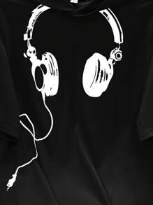 SHEIN 青少年男孩休闲连帽短袖游戏玩家印花 T 恤，夏季 - 黑色 - 查看 3