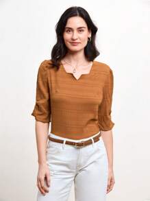 Miaspire Mulheres verão casual cor sólida texturizada plissada Camisa - Castanho - Visão 3