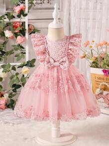 Baby Girl Sweet Jacquard Patchwork Embroidery Mesh Summer Dress - Pink - View 1