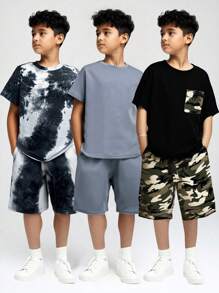 6 pièces/Set de T-shirts à col rond et shorts pour garçons préados en tie-dye et imprimé camouflage, convenant pour le déplacement, l'école, le port casual quotidien, les sports, le printemps et l'été