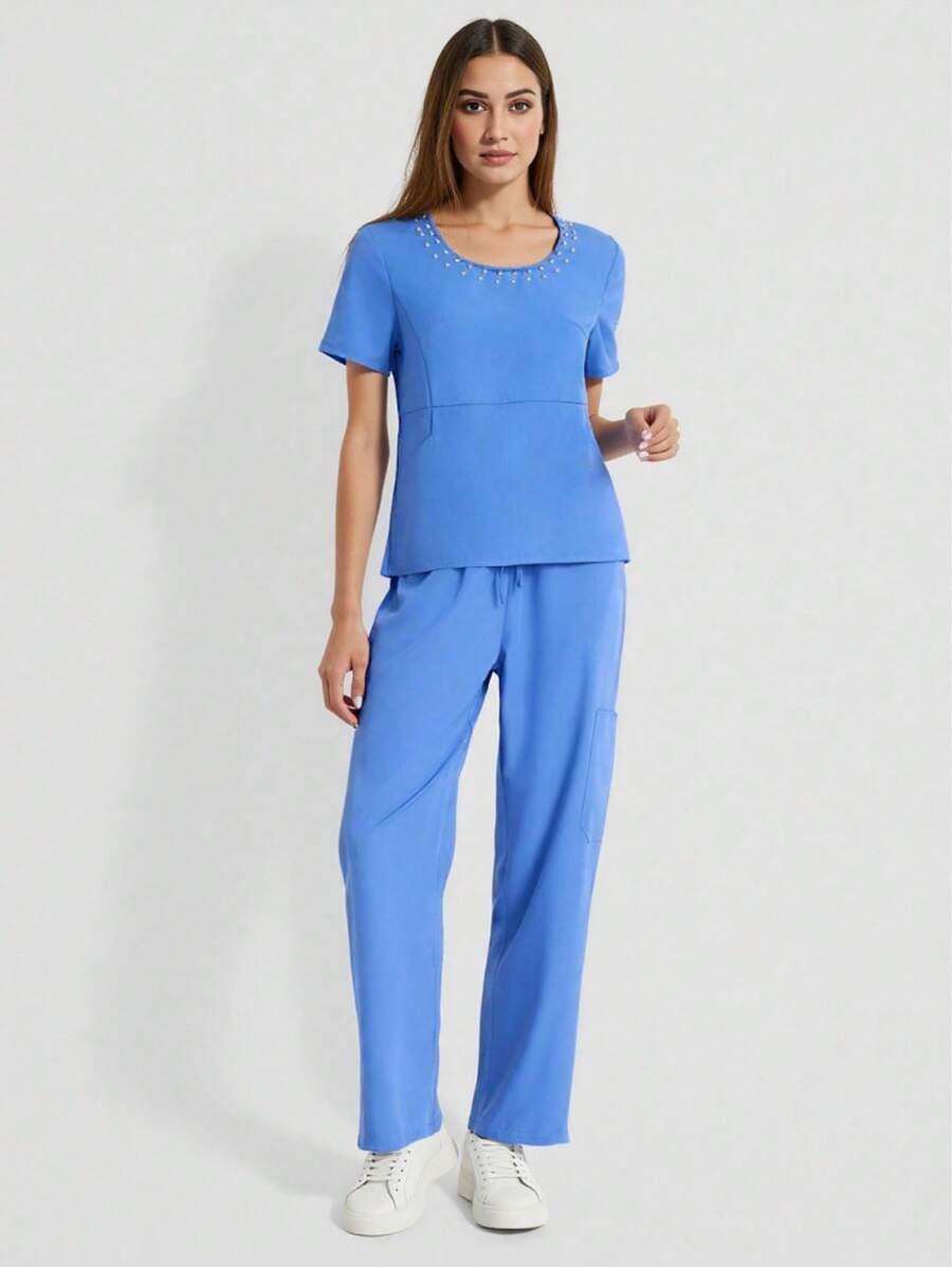 TaskEZ Women's Beaded Round Neck Short Sleeve Top And Pants Nursing Scrub Uniform Set - Blue - View 1