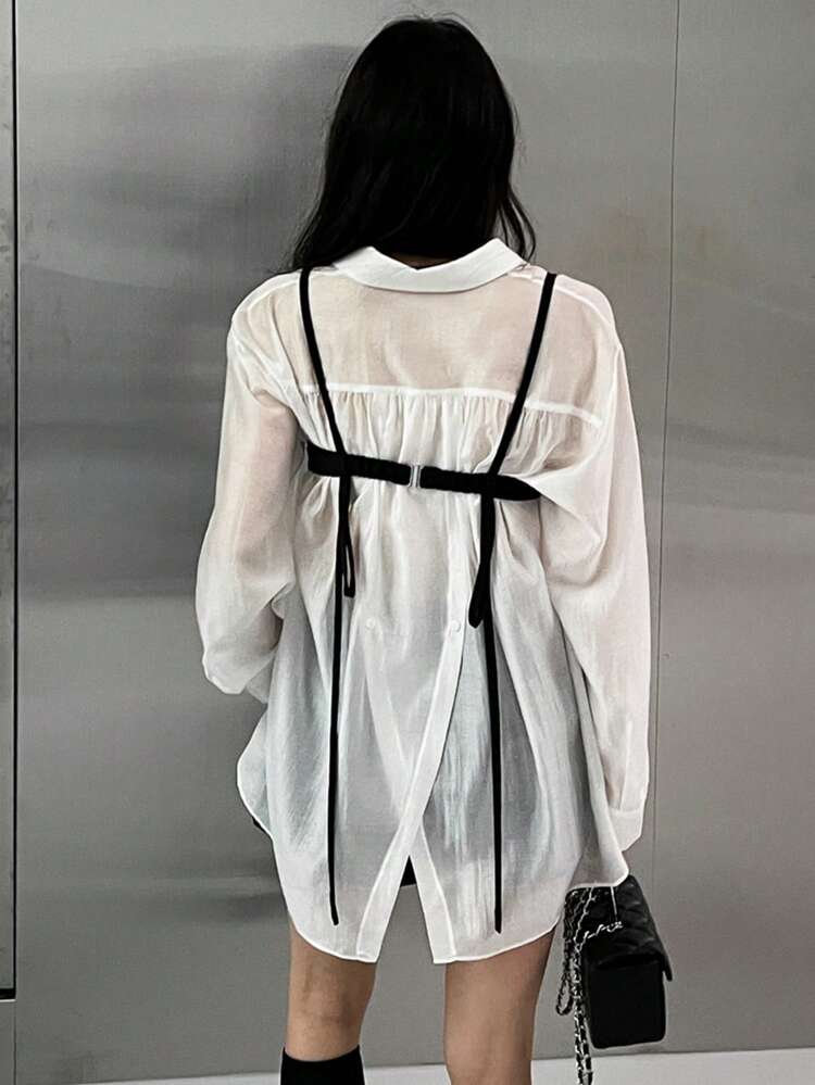 Women's Loose Fit White Collared Long Sleeve Shirt, Cropped Length Camisole Overlay