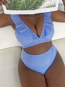 Slaydiva 2 bộ đồ bơi đi nghỉ cổ chữ V cỡ lớn cho nữ - Xanh và trắng - Xem 4