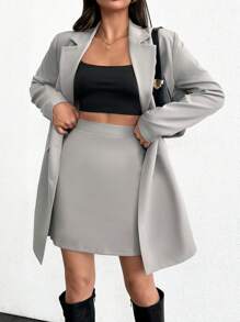 SHEIN Tall Double-Breasted Suit Jacket And Skirt Set - Grey - View 6