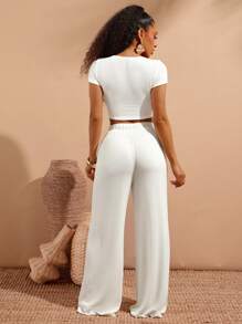 Vixey Calça de Perna Larga com Cintura Elástica Canelada, Streetwear para Mulheres, Casual para Mulheres, Férias na Ilha - Bege - Visão 4