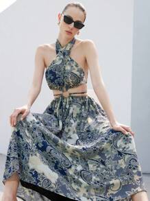 SHEIN Privé Chiffon Cashew Floral Print Cross Halter Hollow Out Maxi Summer Dress - Multicolor - View 3