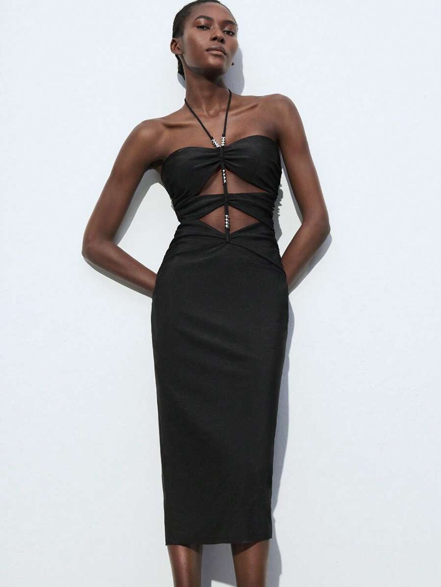 Maija Nouvelle robe d'été multifonctionnelle 2025 de style Top de gamme simple avec un design vintage à lacets style soutien-gorge en métal argenté perlé ajouré. Convient pour les sorties, les fêtes, les mariages, la remise des diplômes. Idéale pour les vacances à la plage ou en ville.