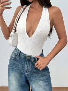 SHEIN Unity 女式深 V 领露背紧身衣，紧身性感简约风格，休闲时尚 - 白色 - 查看 6