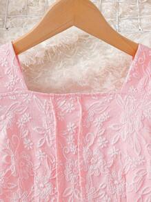 Tween 女童蓝色提花优雅花卉泡泡袖 A 字裙，时尚公主连衣裙，花卉图案装饰，高腰，正式派对装