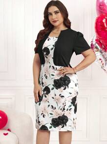 SHEIN Clasi Vestido de dos piezas de punto elástico con estampado floral primaveral para mujer de talla grande, elegante y romántico para uso diario, Día de San Valentín