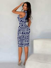 SHEIN SXY Women's Geometric Print Round Neck Fitted Mid-Length Tank Dress - Navy Blue - View 2