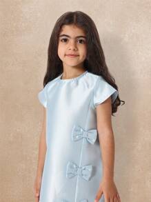 SUMWON 女孩派对特殊场合 A 字裙，带装饰蝴蝶结，缎面正式复活节假期婚礼宾客迷你裙（适合 5-12 岁）