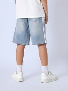 SUMWON Shorts Denim Casuais de Verão com Detalhe de Listras Laterais, Perfeita para Uso Escolar e de Fim de Semana, Cintura Ajustável - Lavagem clara - Visão 4
