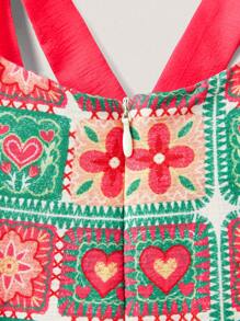 SHEIN Young Girls' Butterfly Strap Patchwork Ruffle Hem Vacation Style Bodysuits & Jumpsuits, Summer - Multicolor - View 10