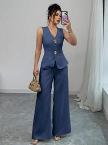 Selianne Bộ đồ vest công sở thanh lịch cổ chữ V màu trơn và quần ống rộng thường ngày cho quý cô - Màu xanh hải quân - Xem 6