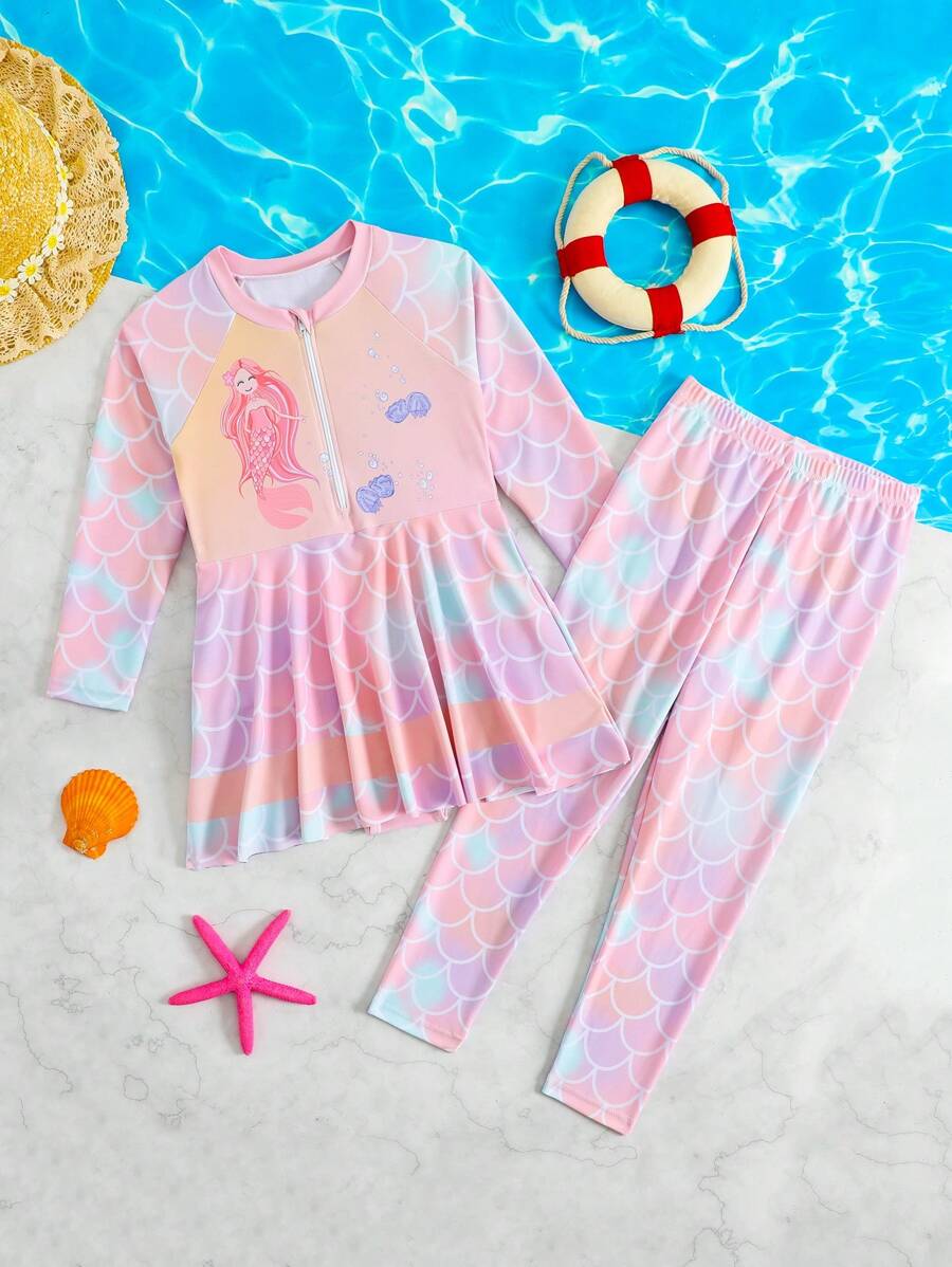 2pcs/Set Young Girls One-Piece Swimsuit With Defining Prints & Frilly Edges - Multicolor - View 1