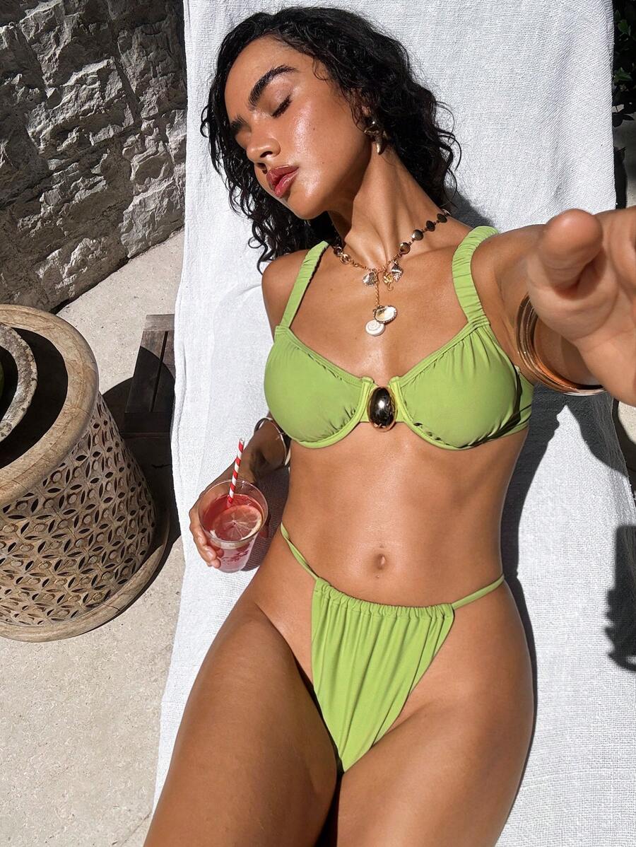 SHEIN Swim Conjunto de bikini push up con copas con aros, para la playa/vacaciones - Verde - Ver 1
