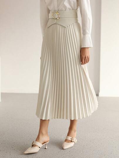 ZEYLAH FAUX PEARL AND RHINESTONE BOW WAIST FLARE SKIRT｜Motf