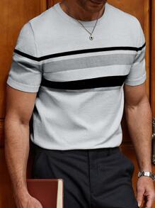 Manfinity Homme 男士条纹印花圆领休闲短袖针织上衣，夏季男士T恤上衣 - 灰色 - 查看 4