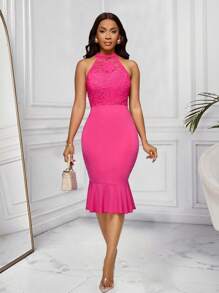 SHEIN Clasi 女式优雅蕾丝拼布中长紧身连衣裙 - 玫紅色 - 查看 1