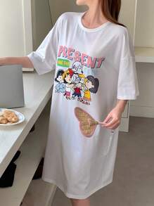 DAZY Cartoon Printed Loose Fit Women's Nightgown Pajama - White - View 4