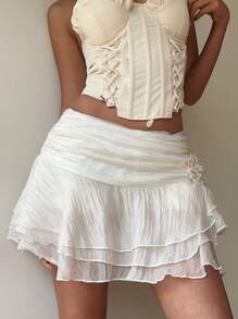 Siren Gaze 女士新款浪漫优雅约会派对纯色雪纺 3D 花朵褶皱多层荷叶边下摆低腰裙比基尼罩衫裙荷叶边裙，婚礼宾客裙女士 - 米色 - 查看 4