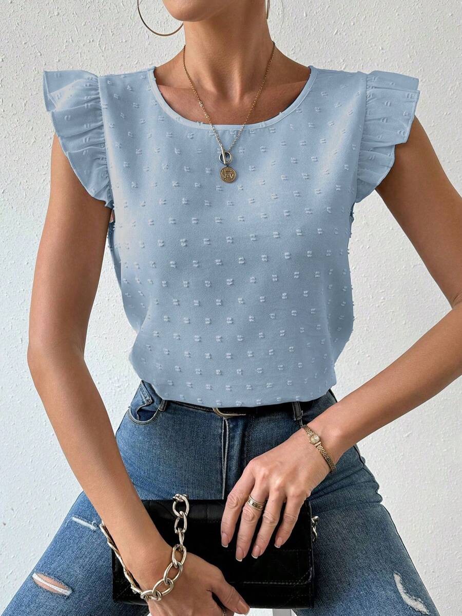 Breezaya Áo sơ mi nữ cổ tròn tay lửng màu trơn rộng rãi thường ngày - Màu xanh lam - Xem 1