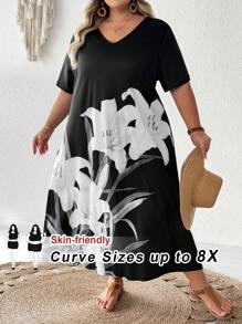 SHEIN CURVE+ 大码女式花卉印花长款休闲修身连衣裙 - 黑與白 - 查看 1