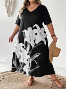 SHEIN CURVE+ 大码女式花卉印花长款休闲修身连衣裙 - 黑與白 - 查看 8