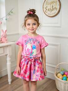 2pcs/Set Girls Cute Egg & Floral Print Short Sleeve Top With Ruffle Hem And Bow Decorated Skirt Suit,Easter Outfit, Summer