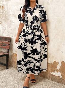 EMERY ROSE Vestito camicia maxi da donna con stampa all over e cintura