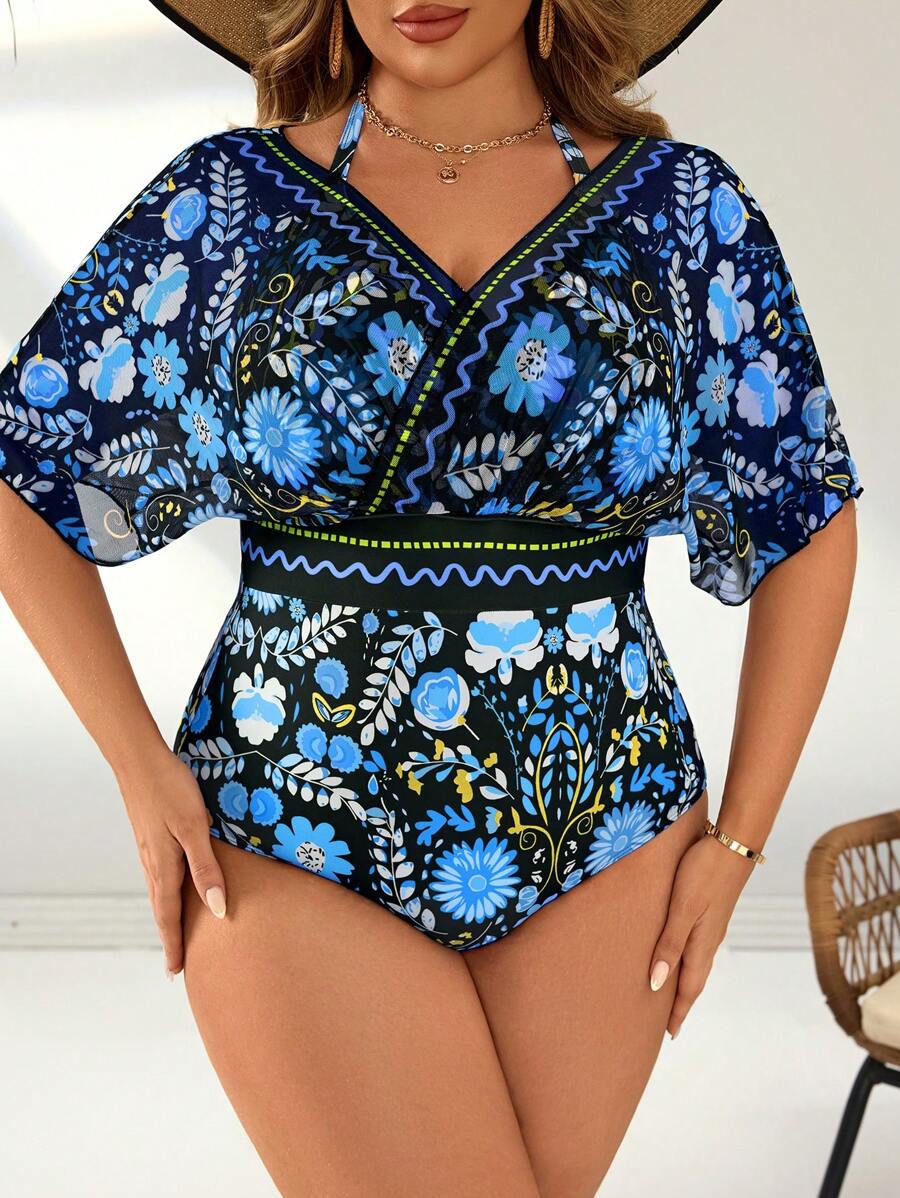 Swim Lushoire Maillot de bain une pièce imprimé grande taille, simple et à la mode pour les vacances d'été - Bleu azur - Voir 1