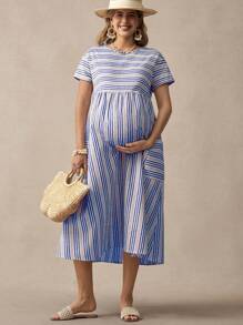 SHEIN Boho Maternity Striped Patch Pocket Dress - Blue - View 4