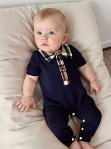 2pcs/Set Newborn Baby Boy Collegiate Style Color-Block Short Sleeve Romper And Long Pants With Hat, Casual & Versatile, All Season