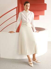 MOTF PREMIUM 褶皺束腰腰帶半身裙 - 米色 - 查看 10