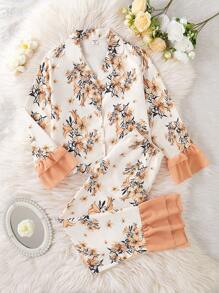 2 pezzi/set top a maniche lunghe e pantaloni con stampa floreale minimale per ragazze pre-adolescenti, set di abbigliamento casual da casa comodo - Giallo - Visualizzare 4