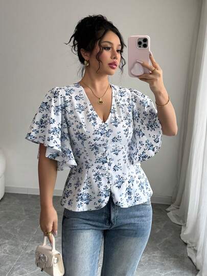 Elenzga SHEIN Elenzya 大码女式优雅花卉 V 领收腰 A 字短袖衬衫，适合正式、休闲、工作、旅行、乡村风格、音乐节