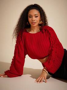 Vixey Plisse Ruffle Detail Long Sleeve Crop Blouse, Spring Outfits, Summer Outfits For Women, Easter Outfits - Red - View 1