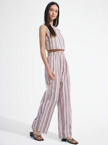 SHEIN Unity 2pcs Women Cartoon Line Plaid Short Sleeveless Top And Elastic Waist Striped Straight Leg Casual Pants Set - Red - View 5