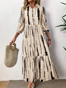 Breezaya 女士扎染图案休闲中长袖连衣裙，秋季长款度假海滩装 - 杏色 - 查看 4