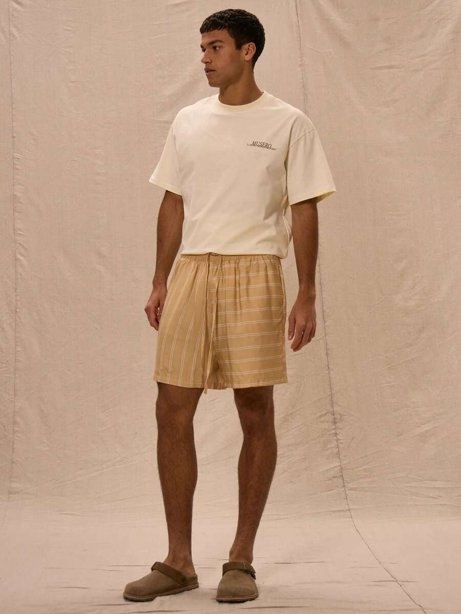 条纹亚麻“Musero”刺绣短裤，仅限春夏假期穿着 - 彩色 - 查看 1