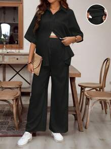 SHEIN 2pcs Maternity Set - Solid Color Short Sleeve Kimono Top And Adjustable Waist Pants, Casual - Black - View 3
